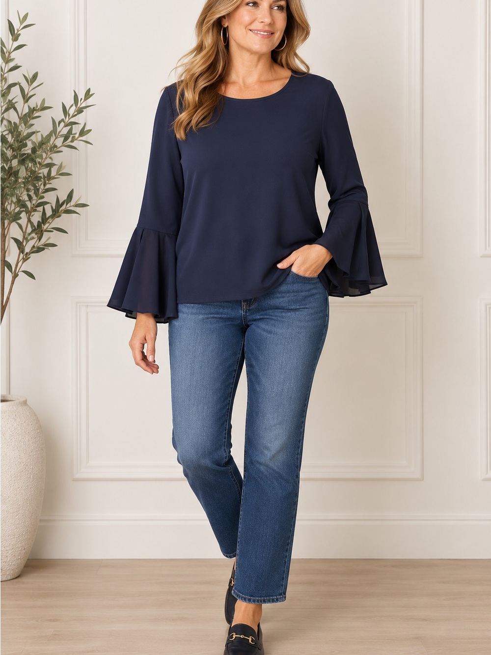 LOFT Women’s Size  Large Navy Blue Bell Sleeve Blouse Top Flare Sleeve Pullover